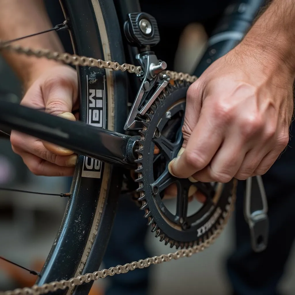Mechanik pri precíznej práci na bicykli