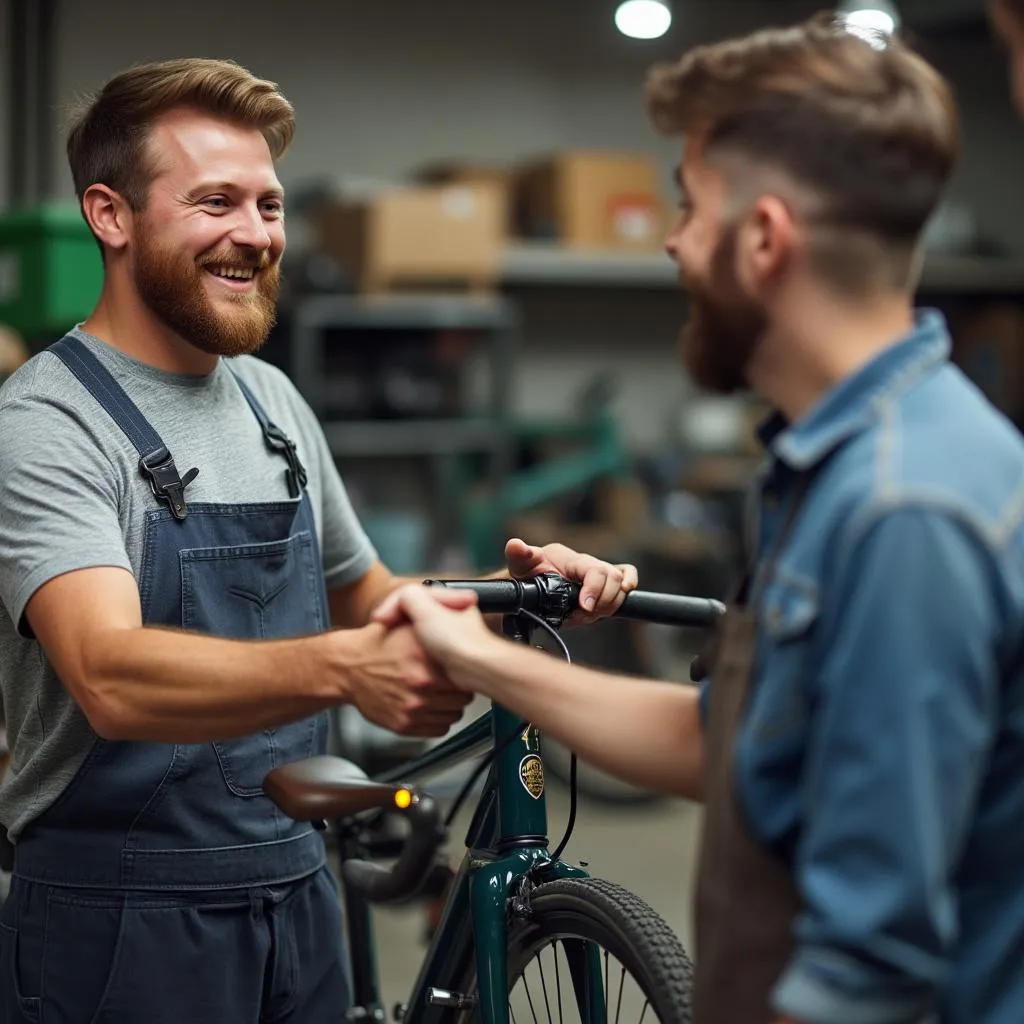 Spokojný zákazník preberá opravený bicykel